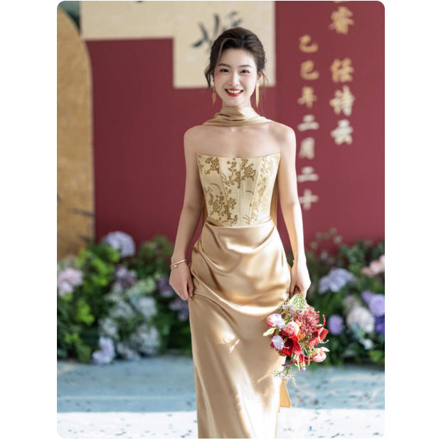 新中式婚礼晨拍晨袍女新娘金色敬酒服抹胸订婚礼服宴会主持人长裙