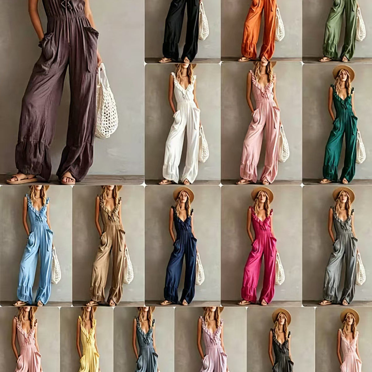 现货   2026亚马逊夏季新款纯色欧美复古时尚无袖褶边阔腿休闲连